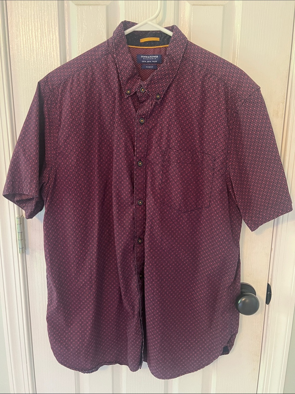 Denim & Flower Short-Sleeve Button-Down Shirt - Burgundy Pattern